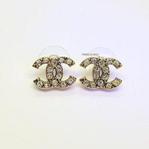 CHANEL Gold CC Rhinestone Vintage Pierced Earrings
